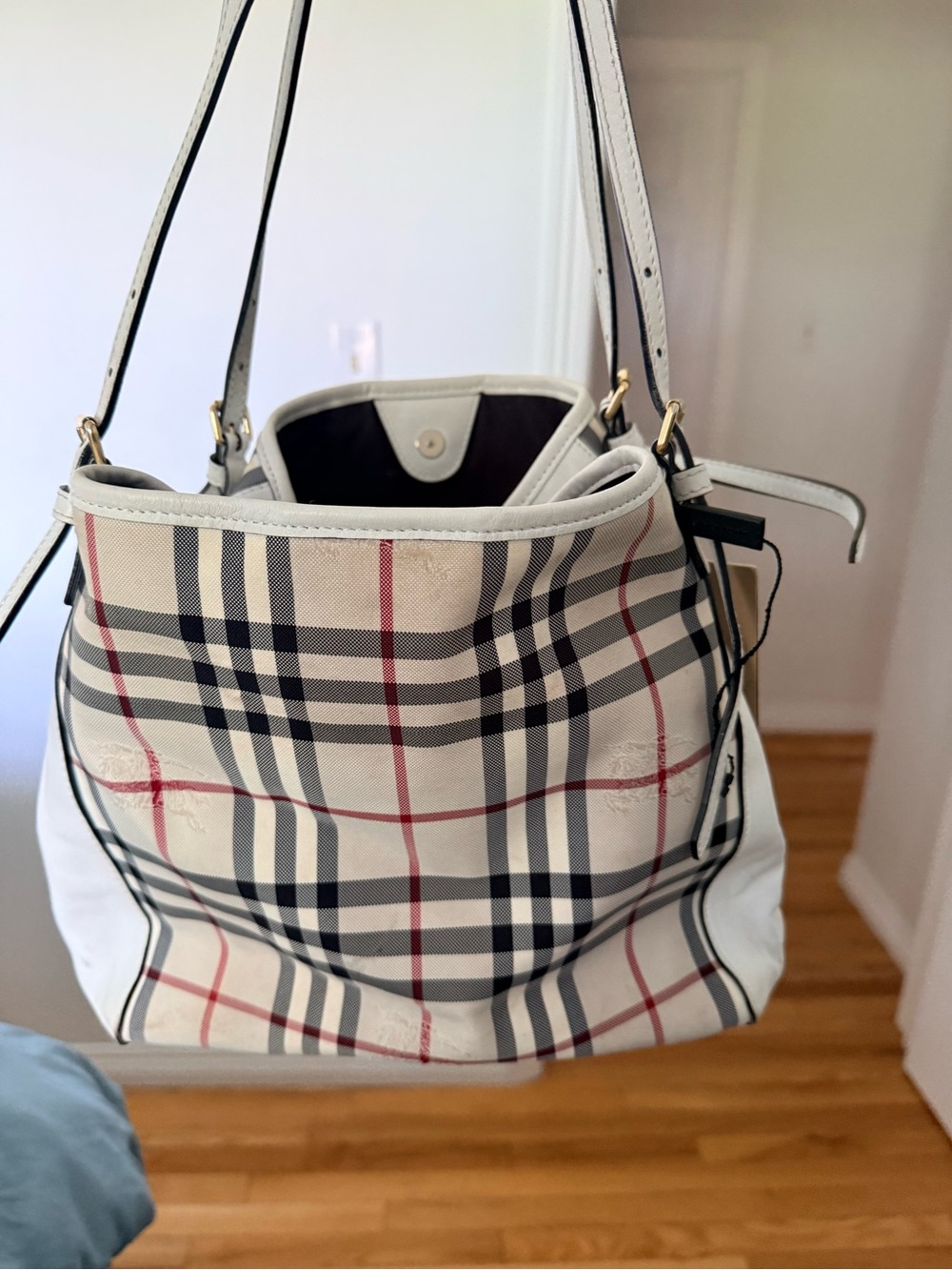 Burberry White Check Shoulder Bag with Red Accent